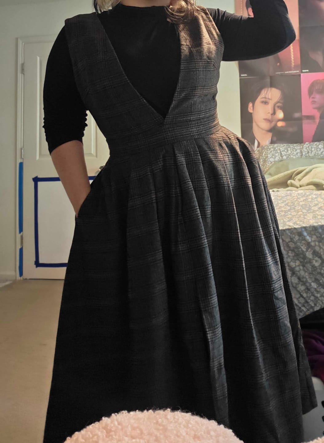 Customer photo review of Brown Plaid Wool Midi Dress – Vintage Sleeveless Pinafore Swing Dress 6417
