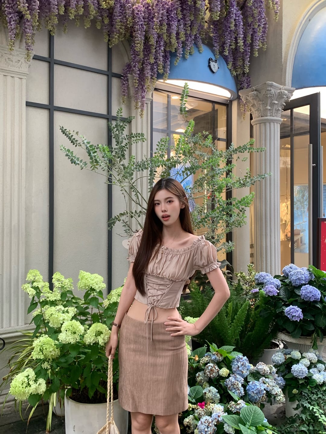 Customer photo review of Hydrae Ruched Off Shoulder Corset Top Lace-Up Waist Structured Ruffle Blouse