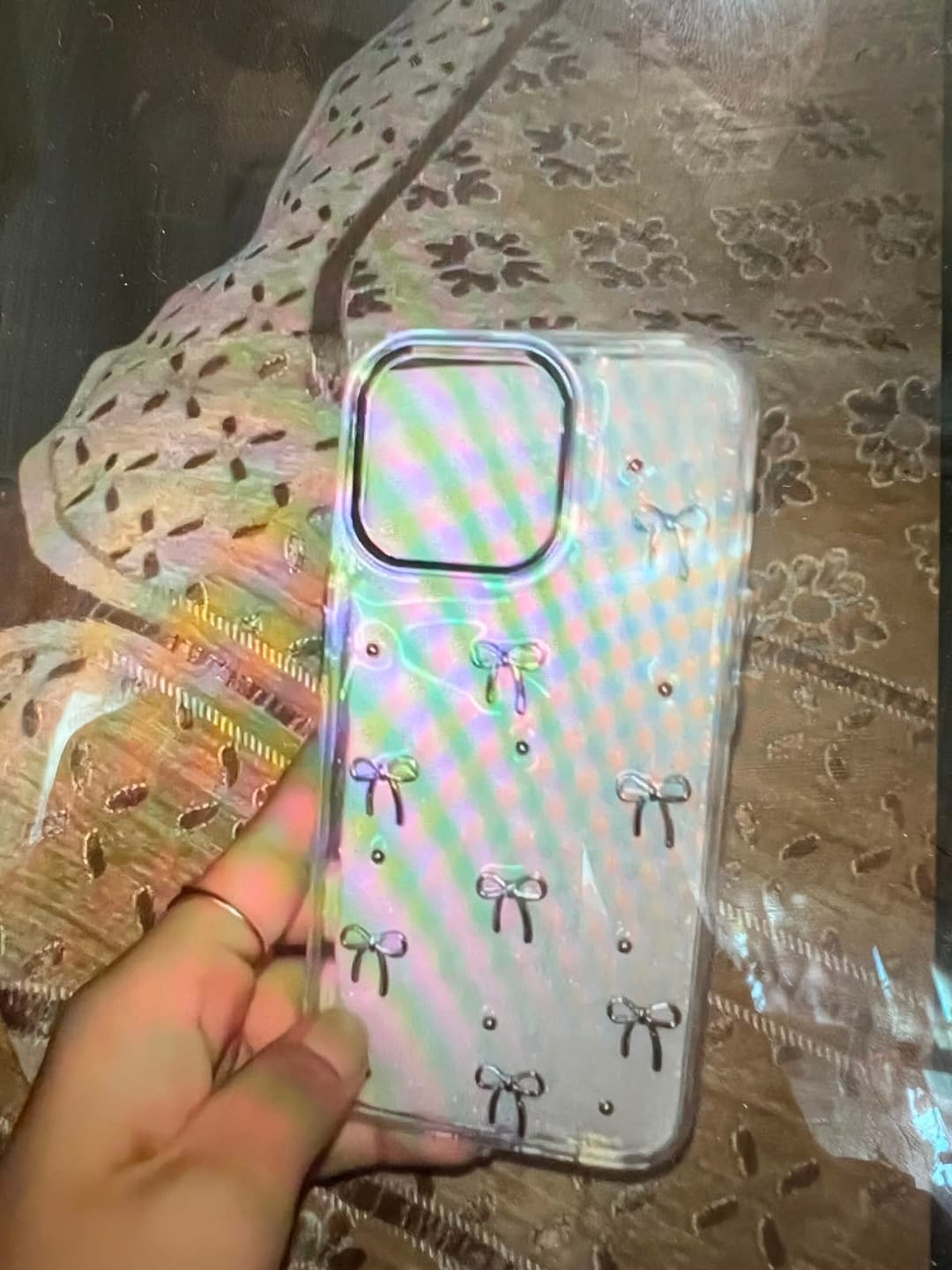 Customer photo review of 3D Glitter Pre-Order Silver Bow Transparent iPhone Case