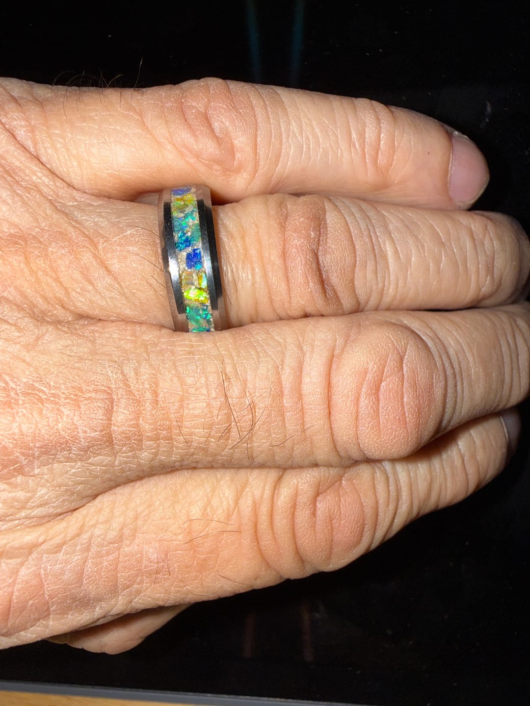 Customer photo review of Tungsten Opal Ring with Cremation Ashes