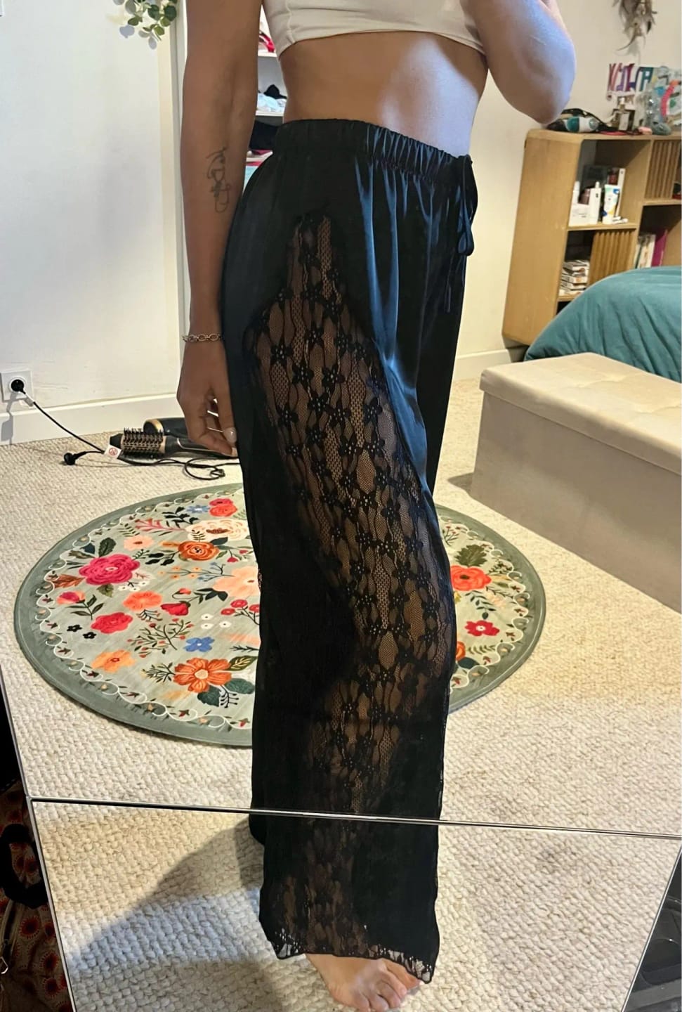 Customer photo review of Casual Lace Satin Patchwork Pants Women Sexy See Through High Waist Lace Up Straight Trousers Spring Summer Lady Chic Trousers