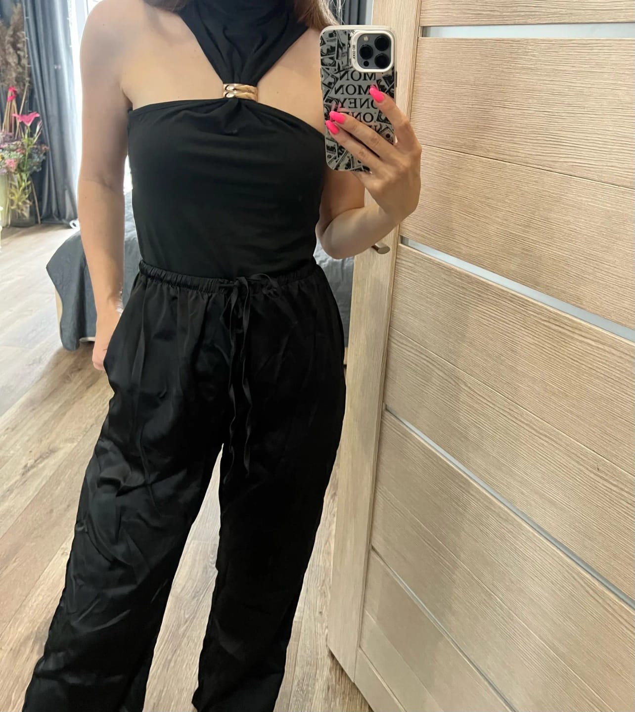 Customer photo review of Elena Wide Leg Satin Trousers