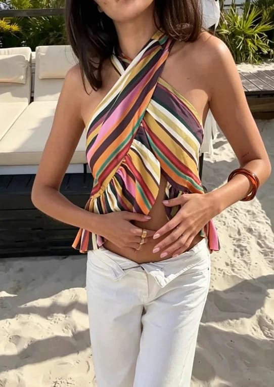 Customer photo review of Sexy Striped Women's Vest Halter Sleeveless Ruffles Irregular Lady Vest 2026 Spring Summer New Female Street Vacation Tops
