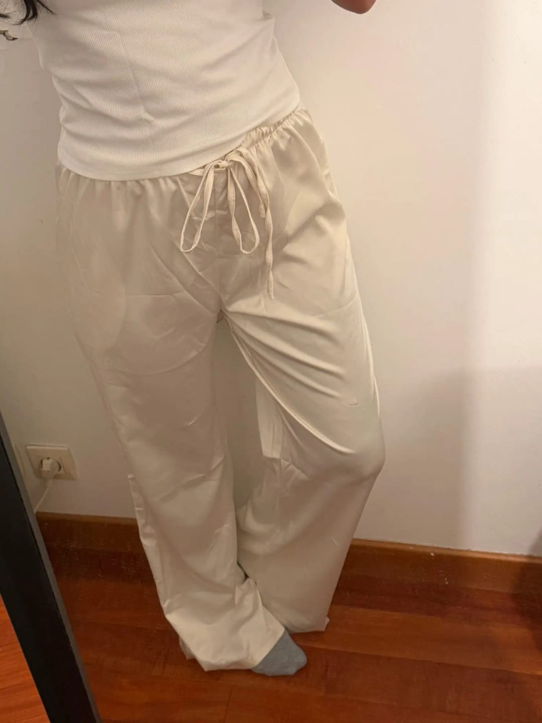 Customer photo review of Elena Wide Leg Satin Trousers