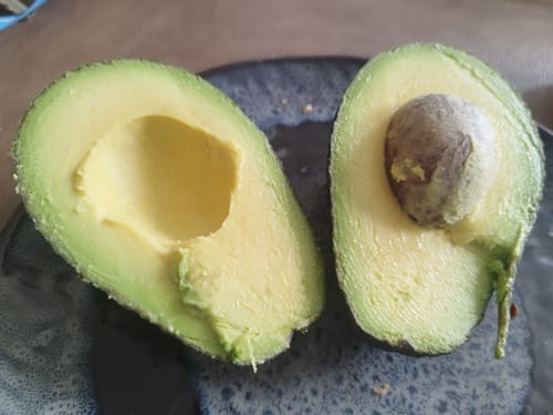Rezensent zeigt eine aufgeschnittene Avocado Baby-Mix mit cremigem, perfektem Fruchtfleisch auf einem Teller.