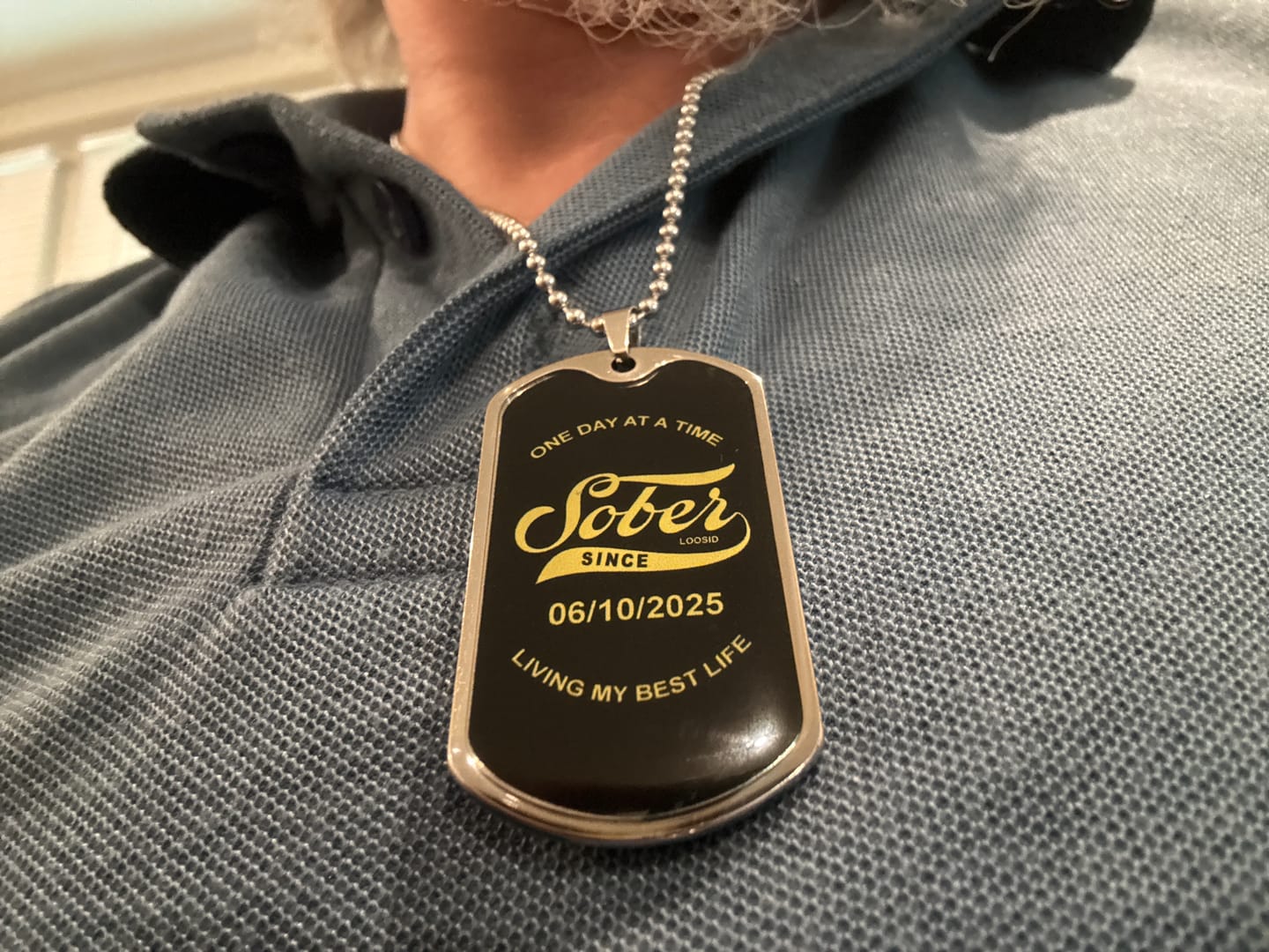 Customer photo review of Sobriety Gift | Dog Tag with Personalized 'Sober Since' Date