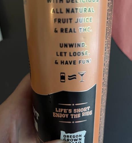 Close-up: Customer holds the Wild Cherry THC Seltzer can, showing text and an icon equating the can to a martini glass.