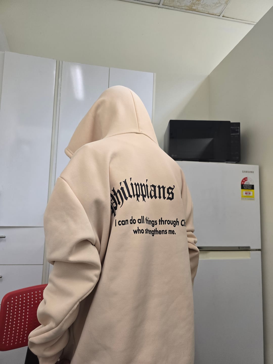 Customer photo review of Christianartworkshop Quotation Style Bold Faith in Philippians 413 Fleece Lined Polyester Hoodie