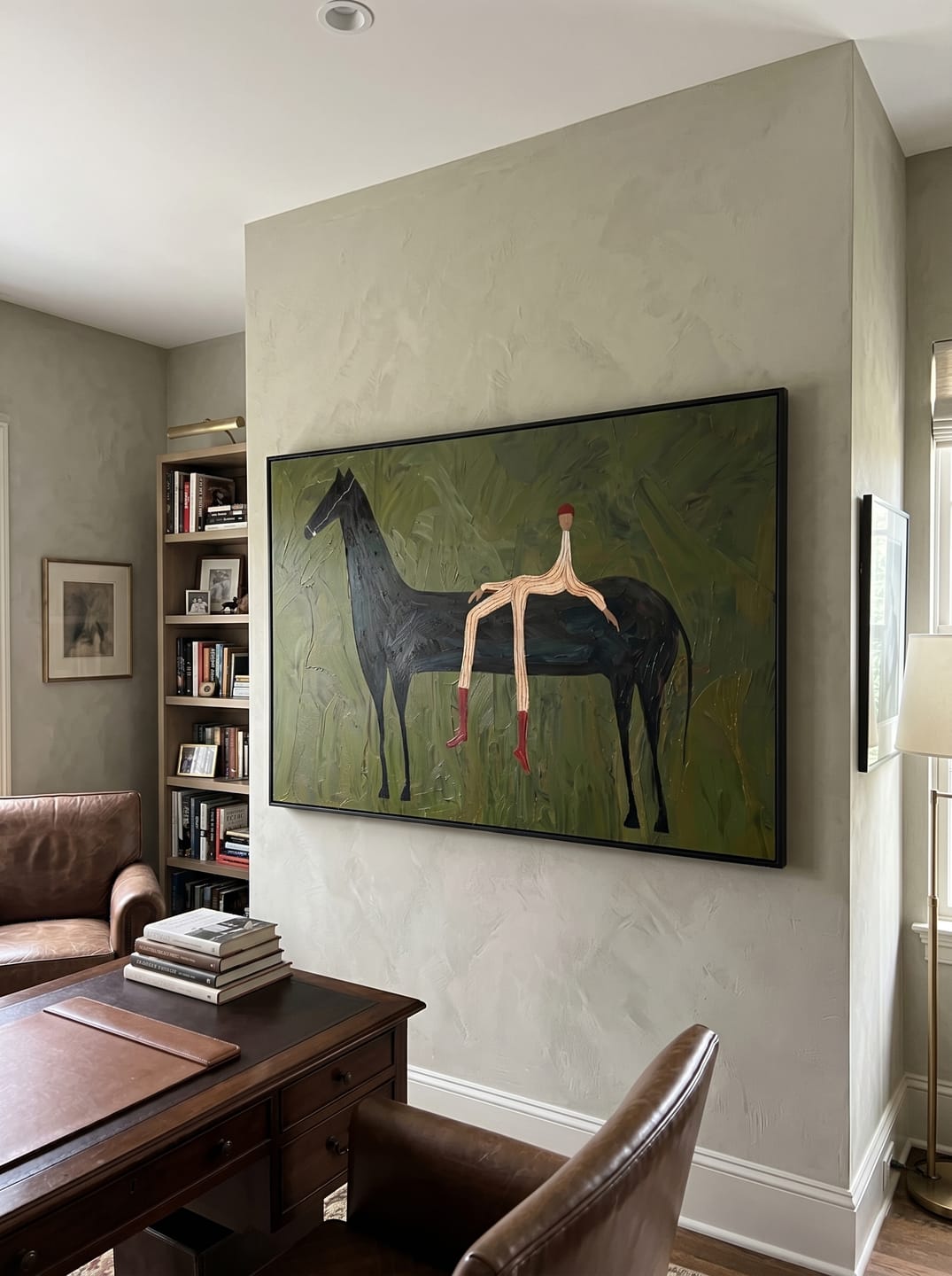 Customer photo review of The Wilderness Rider – Modern Wabi-Sabi Dark Green Black Horse Painting | Minimalist Horizontal Living Room Art