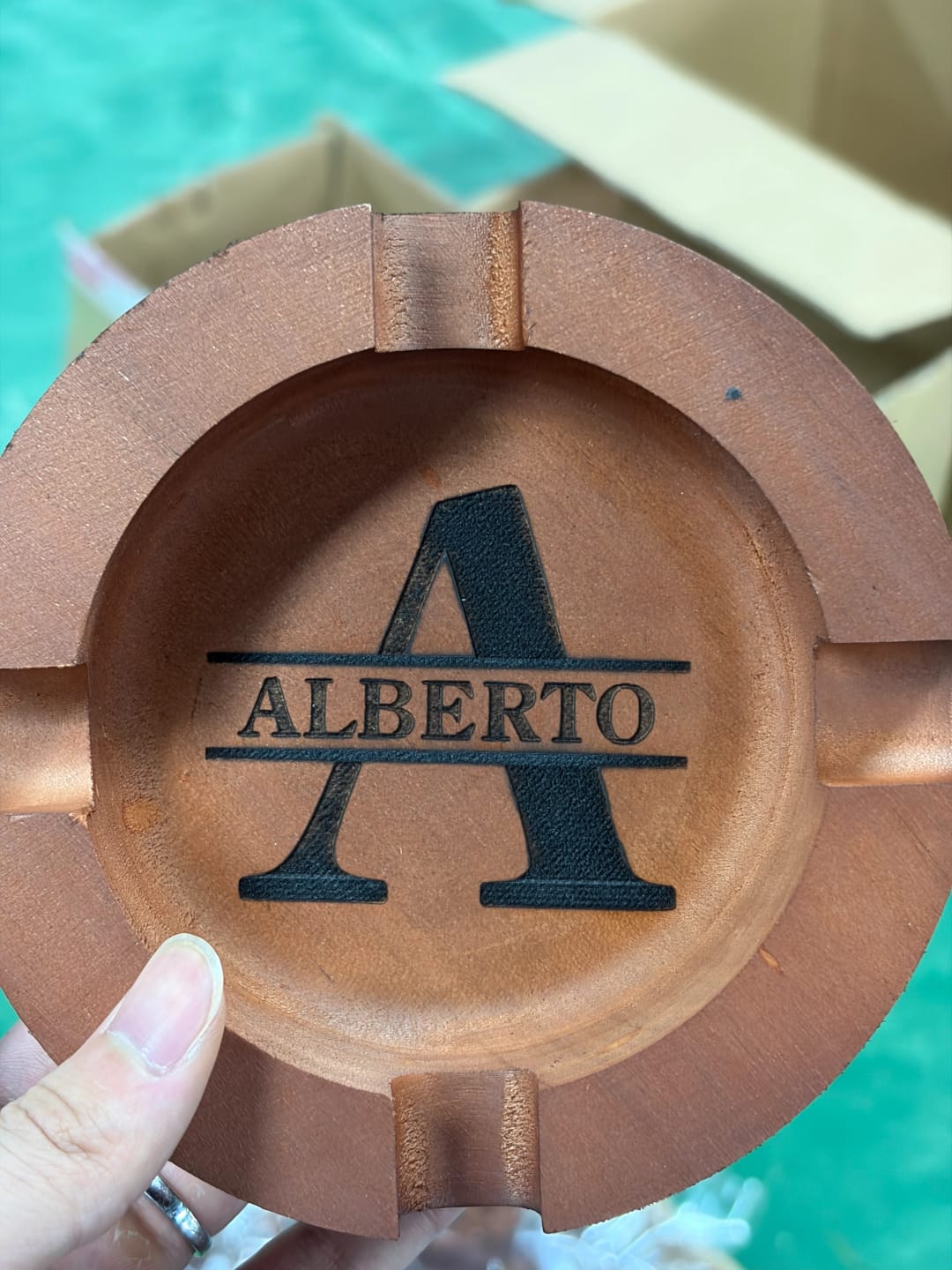 Customer photo review of Personalized Name Walnut Cigar Ash Tray for Dad,Grandpa,Boyfriend,Friend