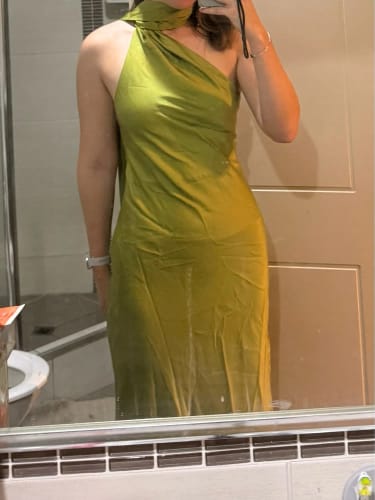 Customer photo review of Yanna Halter Backless Satin Dress