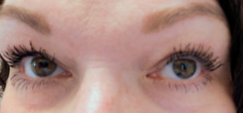 Customer's close-up of eyes showing long, defined lashes after applying My Amazing Lashes Mascara.