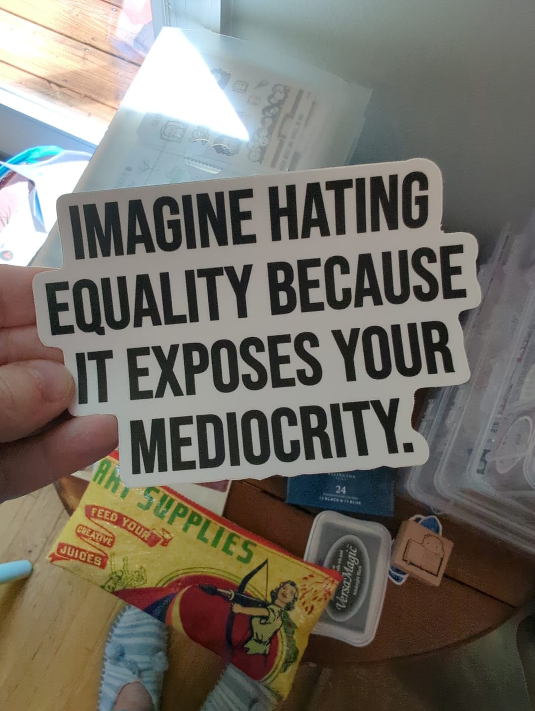 Customer photo review of Imagine Hating *Equality* Because It Exposes Your Mediocrity Black/White Die Cut STICKER