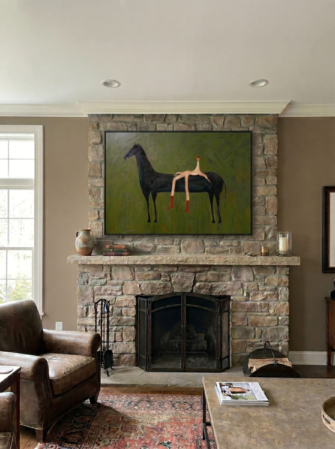 Customer photo review of The Wilderness Rider – Modern Wabi-Sabi Dark Green Black Horse Painting | Minimalist Horizontal Living Room Art