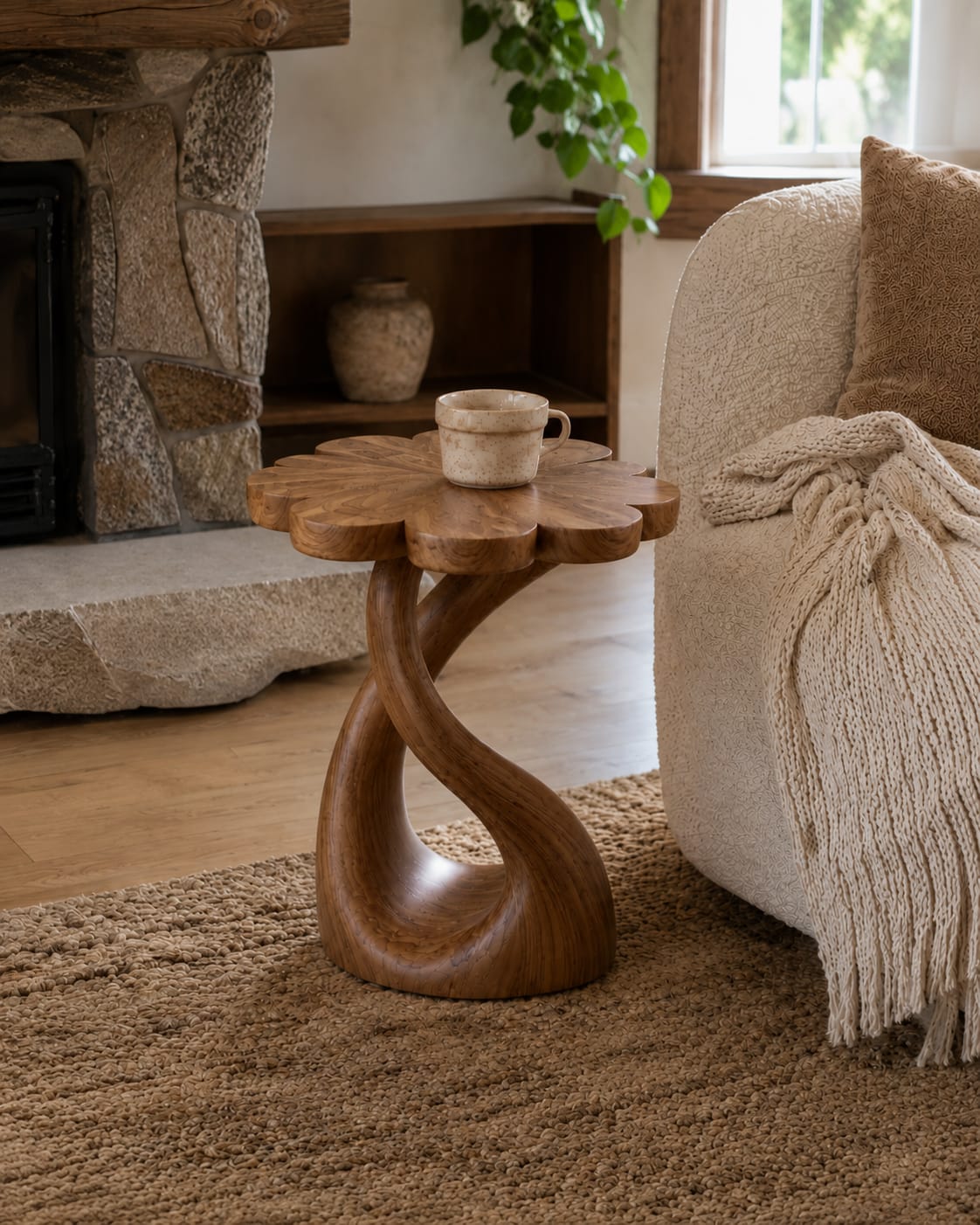 Customer photo review of Flower-Shaped Wooden Nightstand With Sculptural Twisted Base