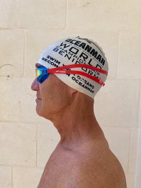 Customer photo review of NanoClear™ Strike Swim Goggles Sunrise Mirror - (Blue/Red)