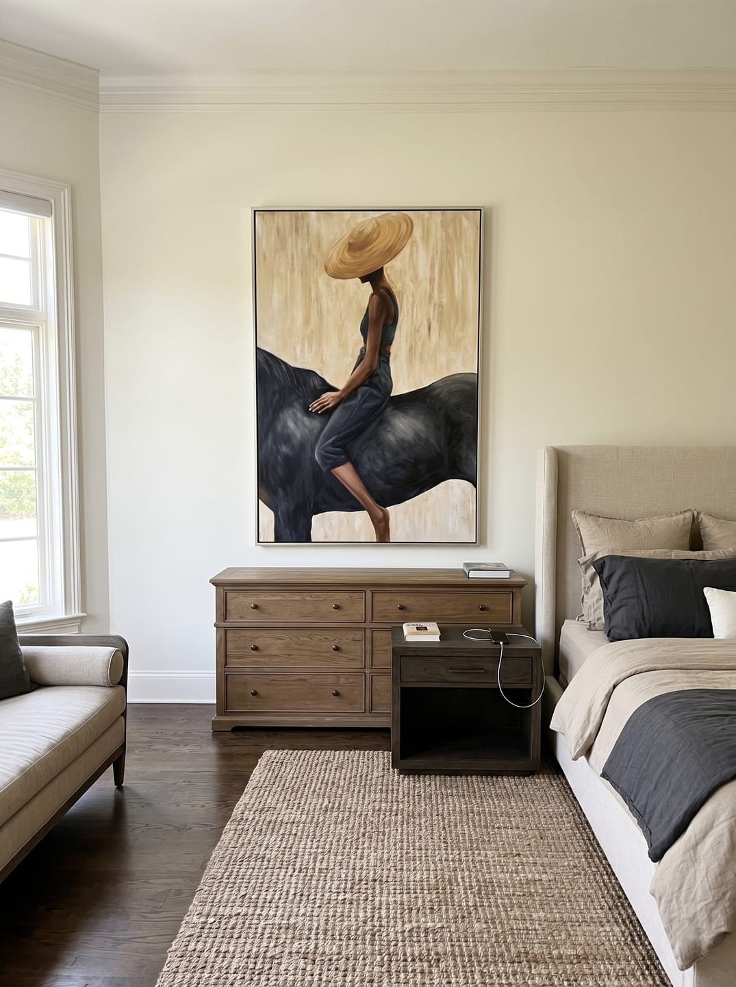 Customer photo review of Grace in the Wild - Modern Fashion Black Horse & Woman Painting | Luxury Minimalist Living Room Art