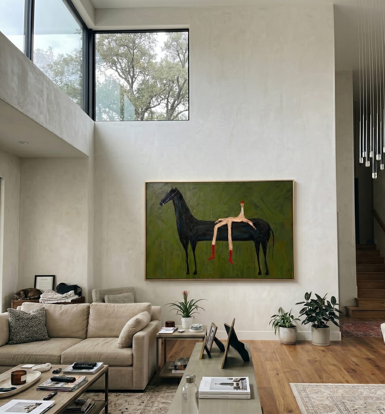 Customer photo review of The Wilderness Rider – Modern Wabi-Sabi Dark Green Black Horse Painting | Minimalist Horizontal Living Room Art