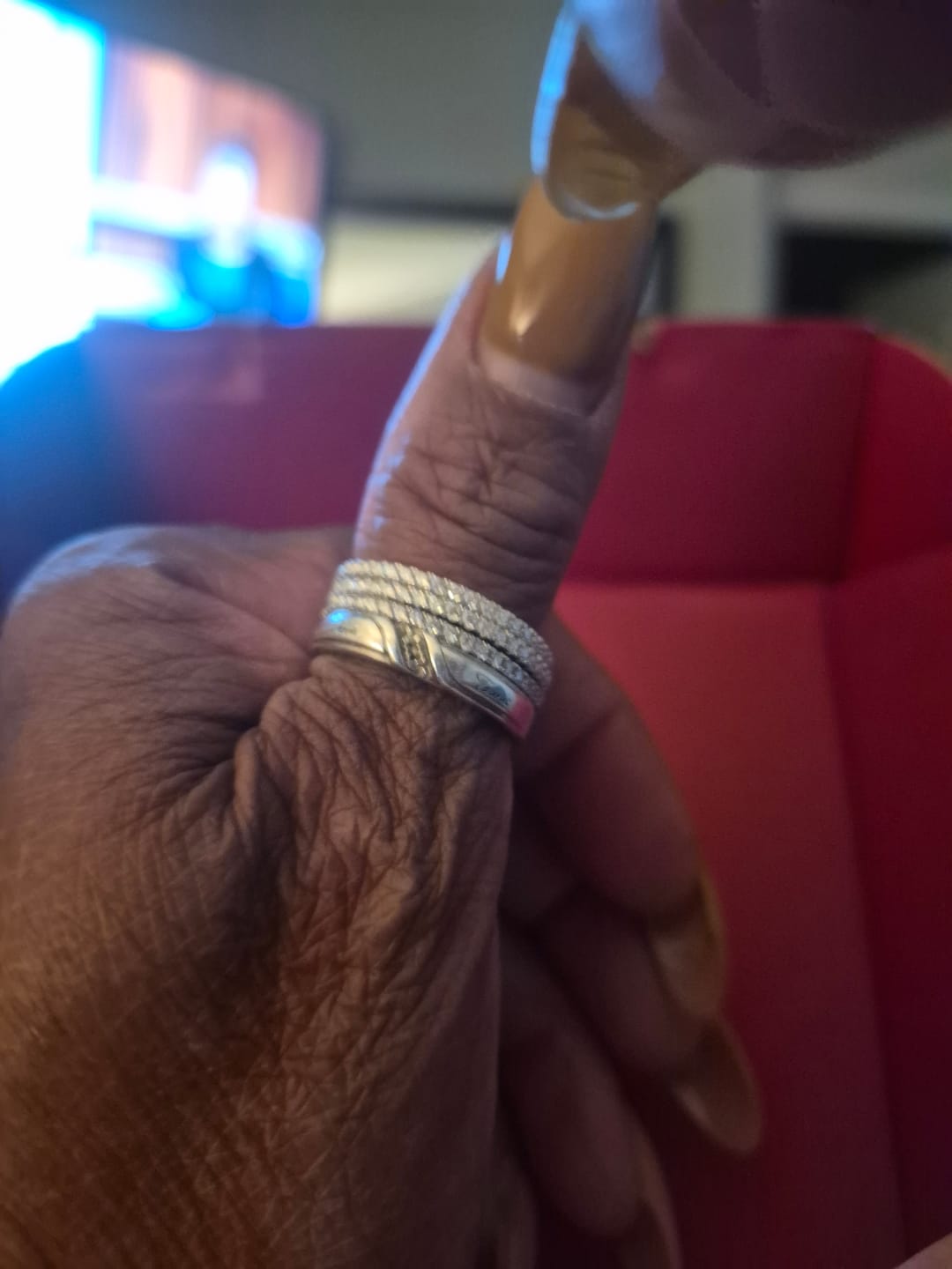Customer photo review of 1.5mm Moissanite Slim Eternity Ring
