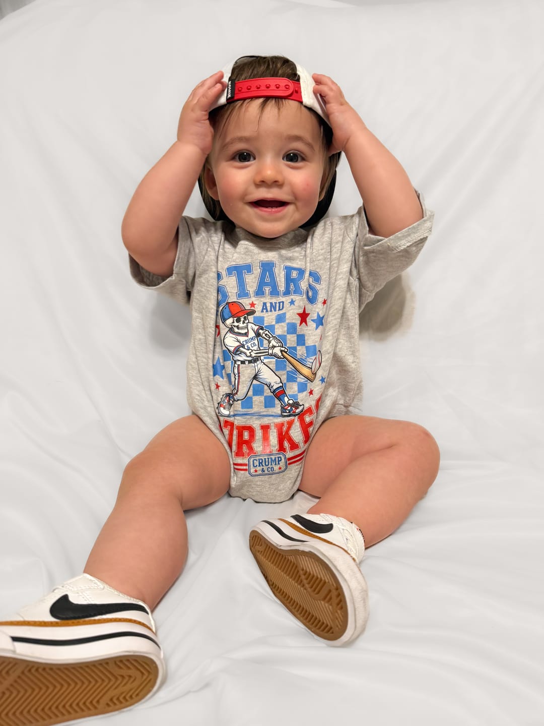 Customer photo review of Stars & Strikes | Heather Rolled Sleeve Bubble Romper