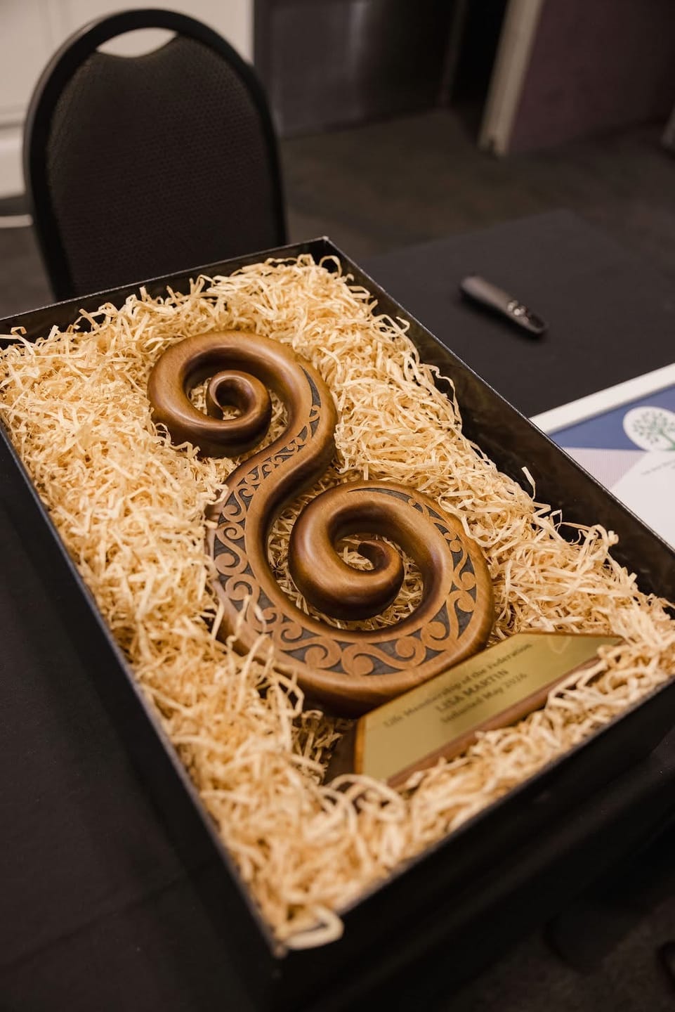 Customer photo review of Large NZ Maori Carved Wooden Double Koru Trophy