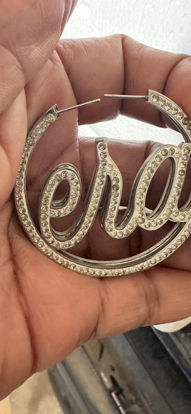 Customer photo review of Silver Luxe Logo Hoops