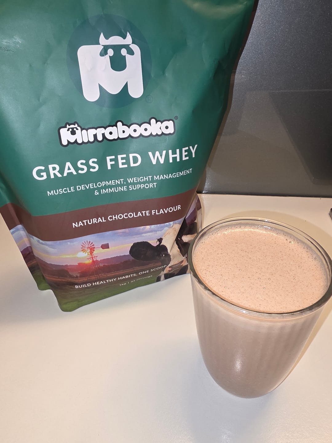 Customer photo review of Grass Fed Whey Protein Chocolate 1kg (33 servings)