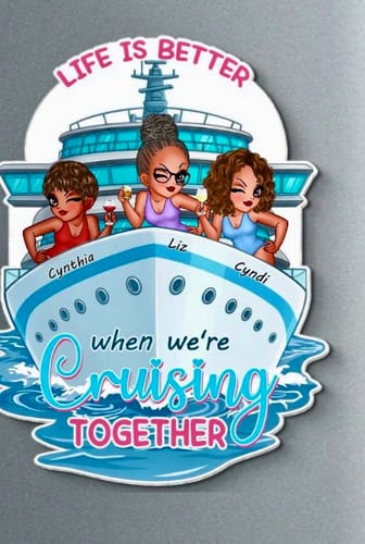Customer's attractive cruise ship door magnet with three women, personalized with the names Cynthia, Liz, and Cyndi.