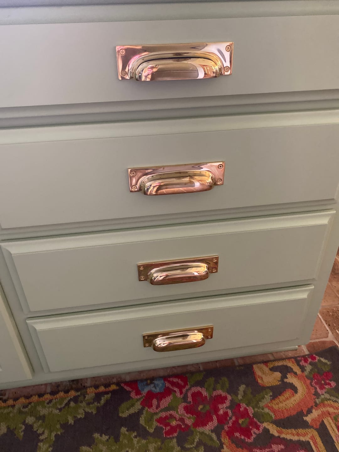 Customer photo review of Rectangle Bin Pulls 4",6" - Unlacquered Polished Brass