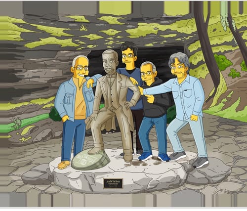 Customer's digital artwork showing four friends as cartoon characters posing with a statue in a park.