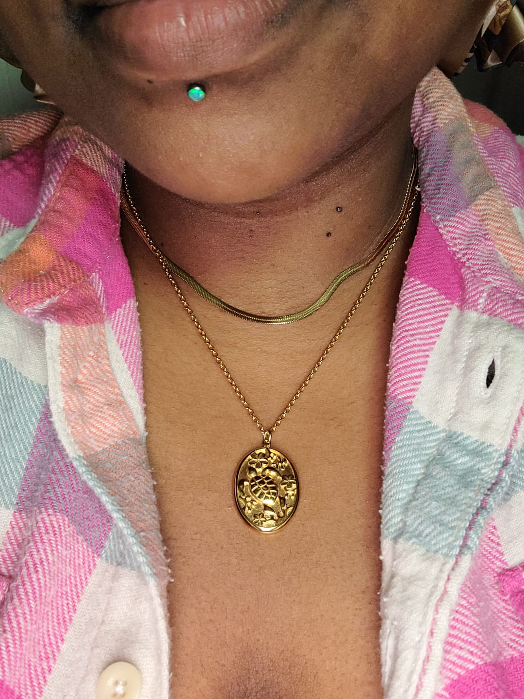 Customer photo review of Coral Bloom Turtle Necklace