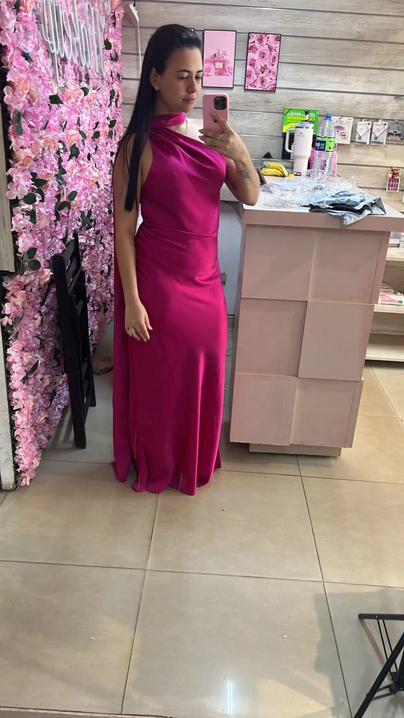 Customer photo review of Yanna Halter Backless Satin Dress
