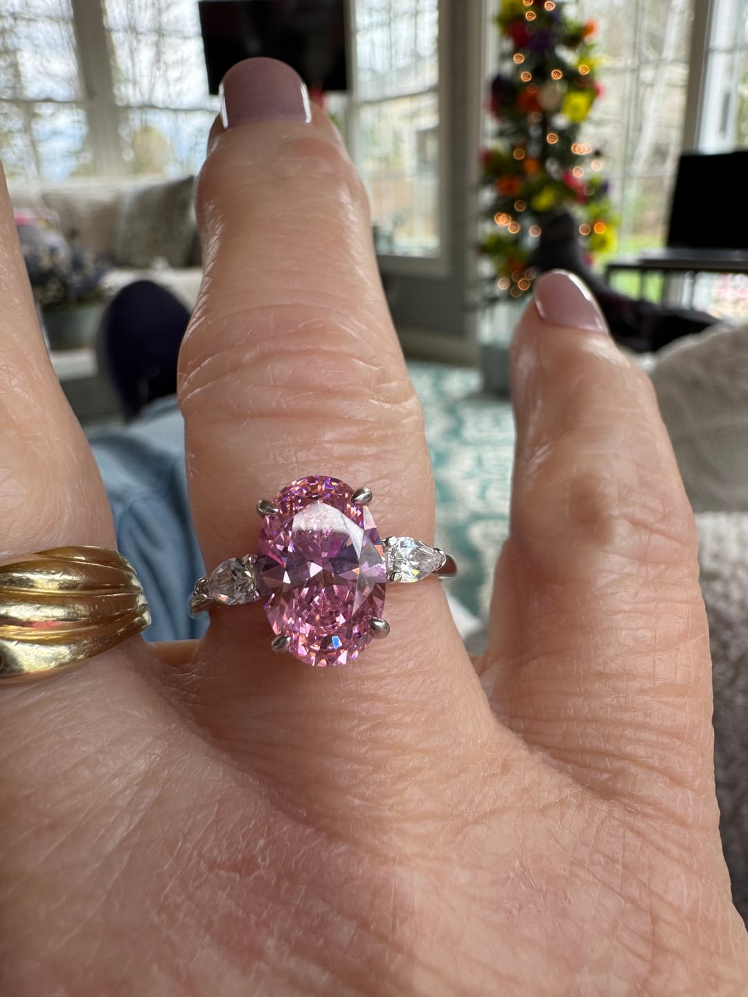 Customer photo review of 4.0Ct Oval Cut Pink Stone Three Stone Engagement Ring In Sterling Silver