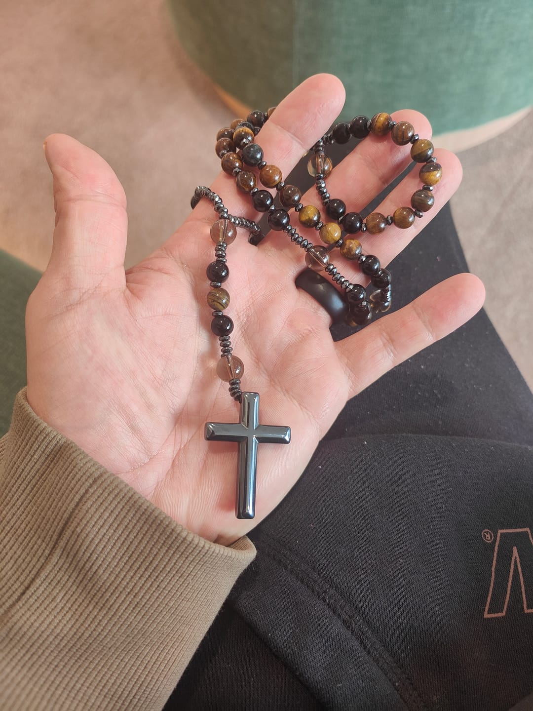 Customer photo review of FREE Today: Natural Obsidian Tiger's Eye Rosary Necklace - Hematite Stone Cross Protection Rosary