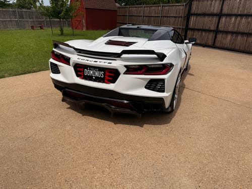 Reviewer's black metal license plate with 'DOMINUS' in white text, installed on the back of a white Corvette.