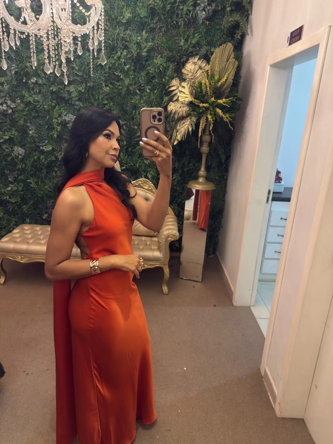 Customer photo review of Yanna Halter Backless Satin Dress