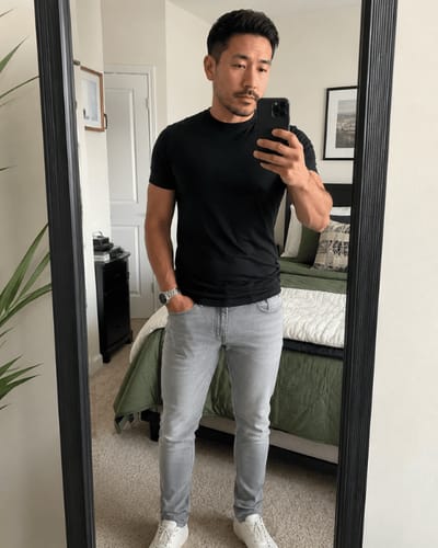 Cliente che indossa una T-shirt VARLANI® nera aderente in un selfie allo specchio.