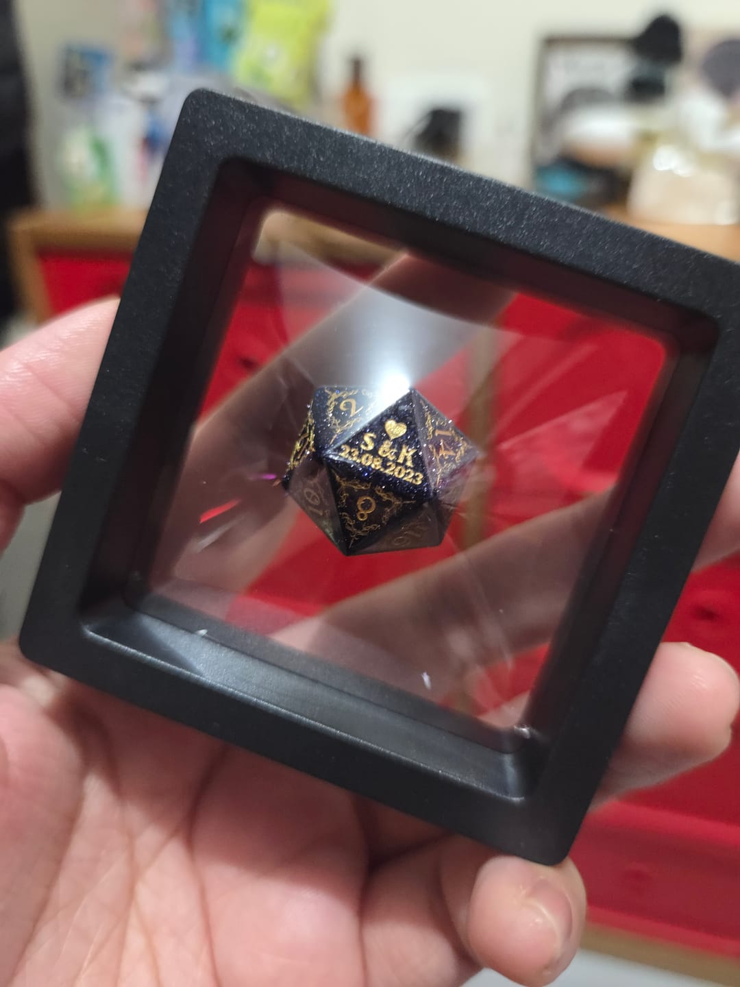 Customer photo review of Custom Anniversary D20 Dice – Personalized D&D Gift