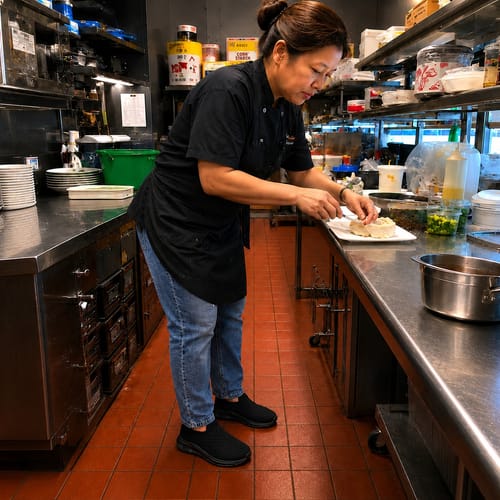 Reviewer wearing black Ortho Glide™ shoes while preparing food in a commercial kitchen.