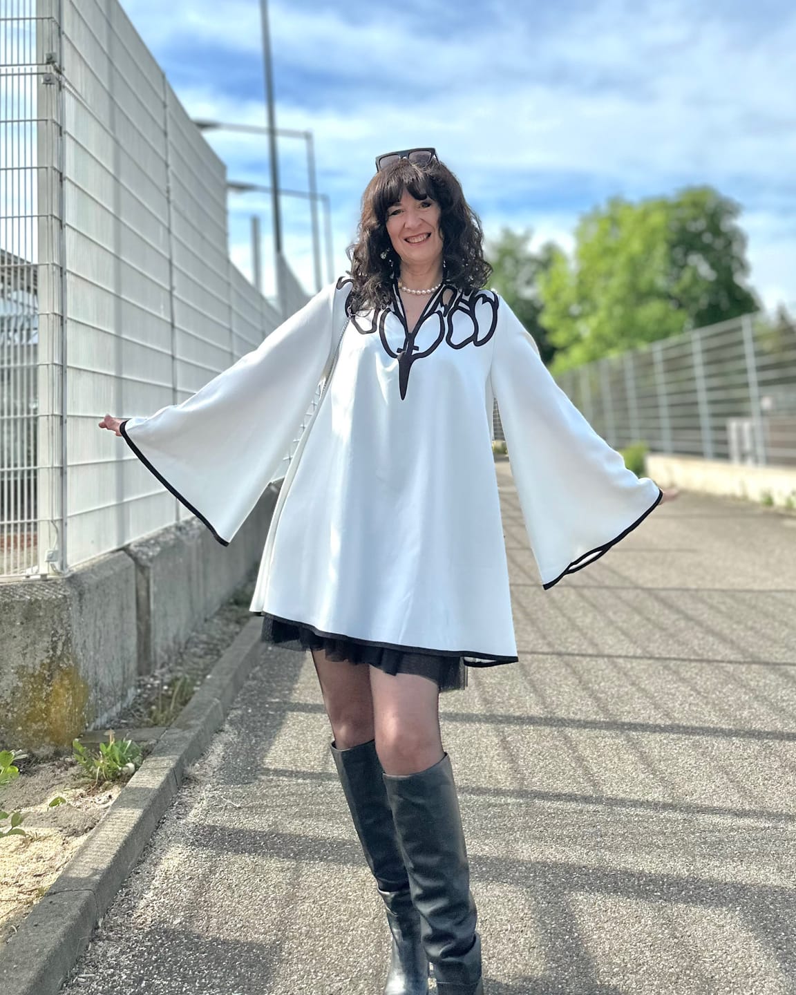 Customer photo review of Flared Sleeves Loose Contrast Color Hollow Stand Collar Mini Dresses