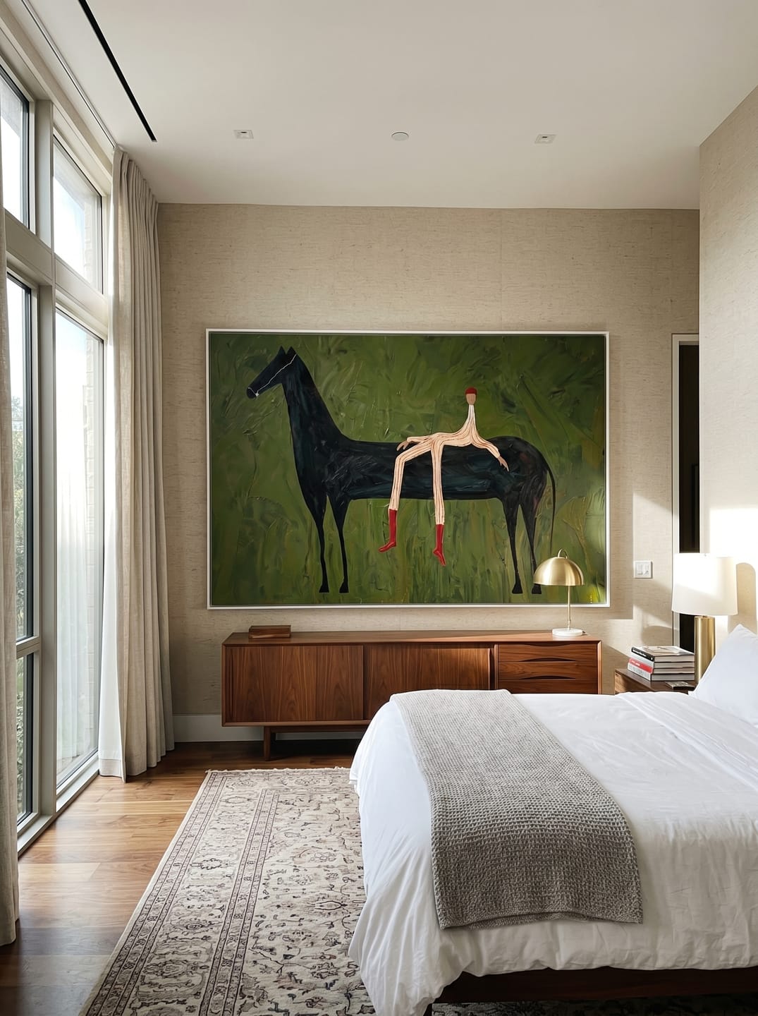 Customer photo review of The Wilderness Rider – Modern Wabi-Sabi Dark Green Black Horse Painting | Minimalist Horizontal Living Room Art