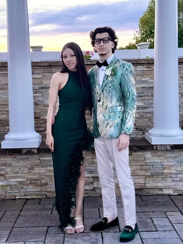 Customer photo review of Men's Peacock Plume Jacquard Champaigne Tuxedo Jacket