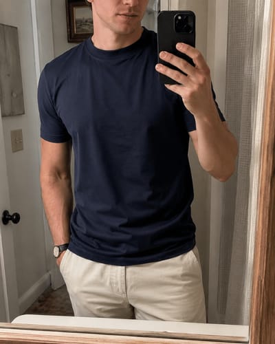 Cliente indossa la T-shirt VARLANI® blu che appare aderente sulle spalle e morbida sulla vita.