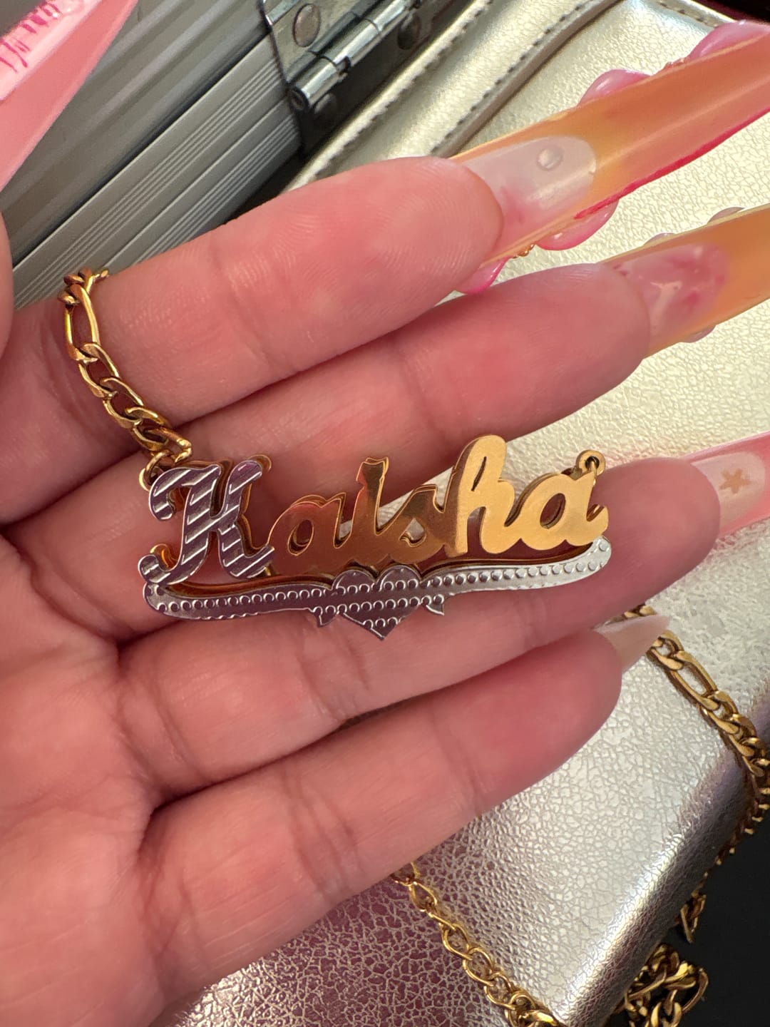 Customer photo review of Double Plated Script Name Necklace w/ Figaro Chain