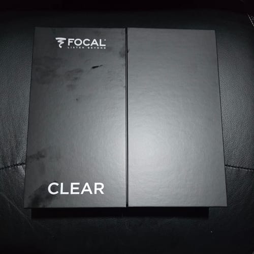 Customer's black box for their Focal Clear headphones shown closed on a leather surface.