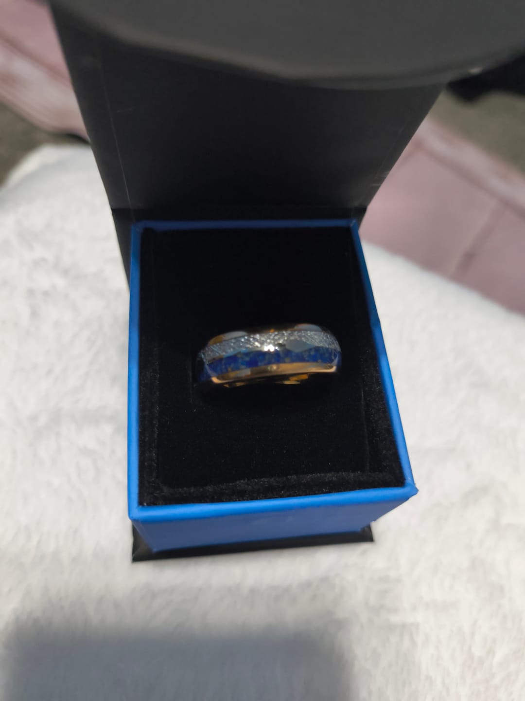 Customer photo review of 8mm- ROSE GOLD TUNGSTEN ARROW RING W/ BLUE LAPIS LAZULI, FAUX METEORITE,