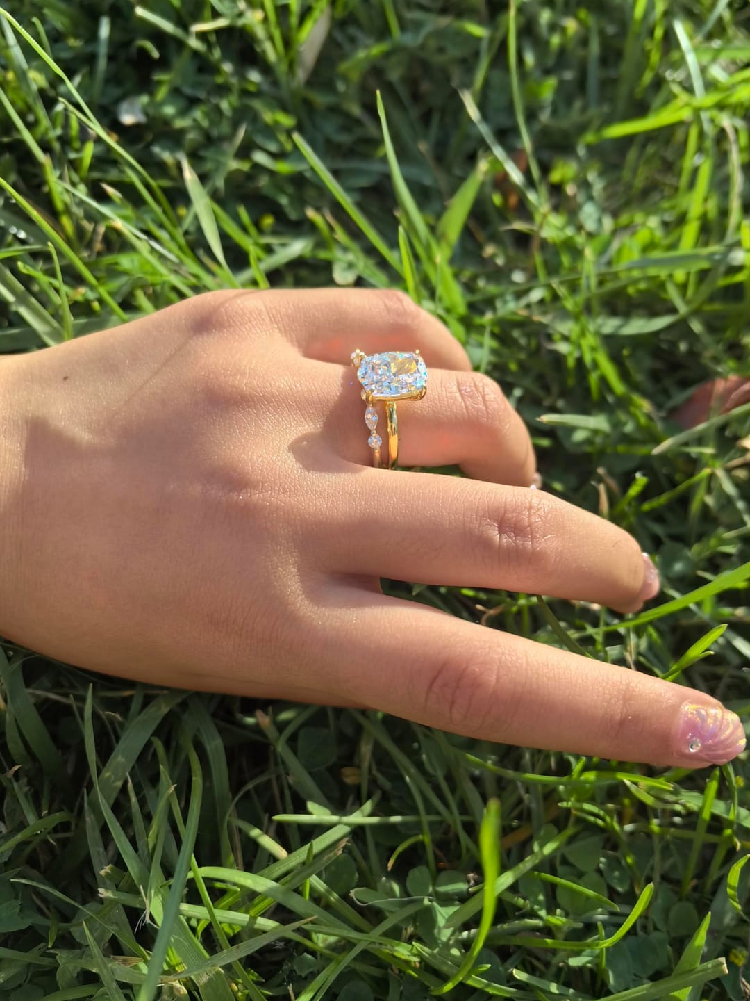 Customer photo review of S925 2PC 3.0Ct Cushion Cut Yellow Gold Engagement Ring Set with Marquise & Round Cut Band