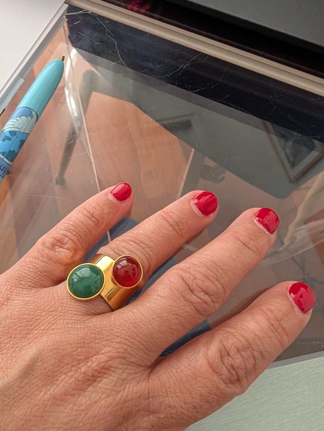 Customer photo review of Bague Dora dorée aventurine et cornaline