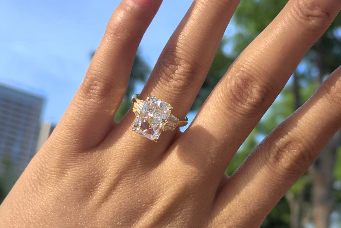 Customer photo review of S925 5.0Ct Radiant Cut Sterling Silver Side Stone Simulated Diamond Engagement Ring
