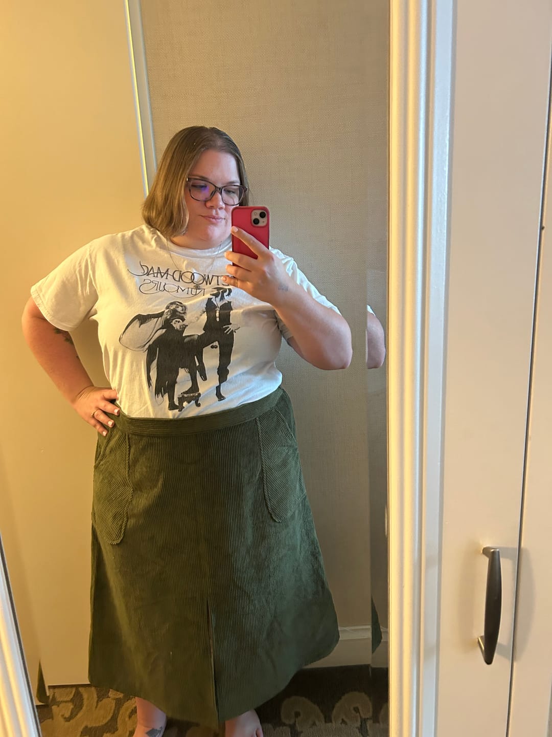 Customer photo review of Olive Green Warm Cotton Corduroy High-Rise A-Line Midi Slit Skirt
